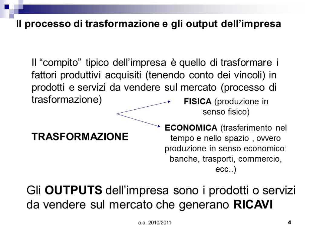 a.a. 2010/2011 4 Il processo di trasformazione e gli output dell’impresa Il “compito” tipico